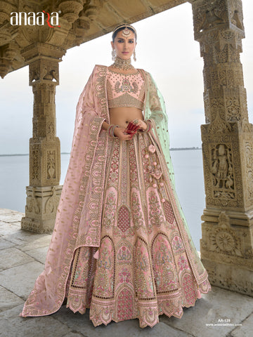 Peach Raw Silk Bridal Wedding Lehenga Set with Heavy Orgenza Dupatta - AA139